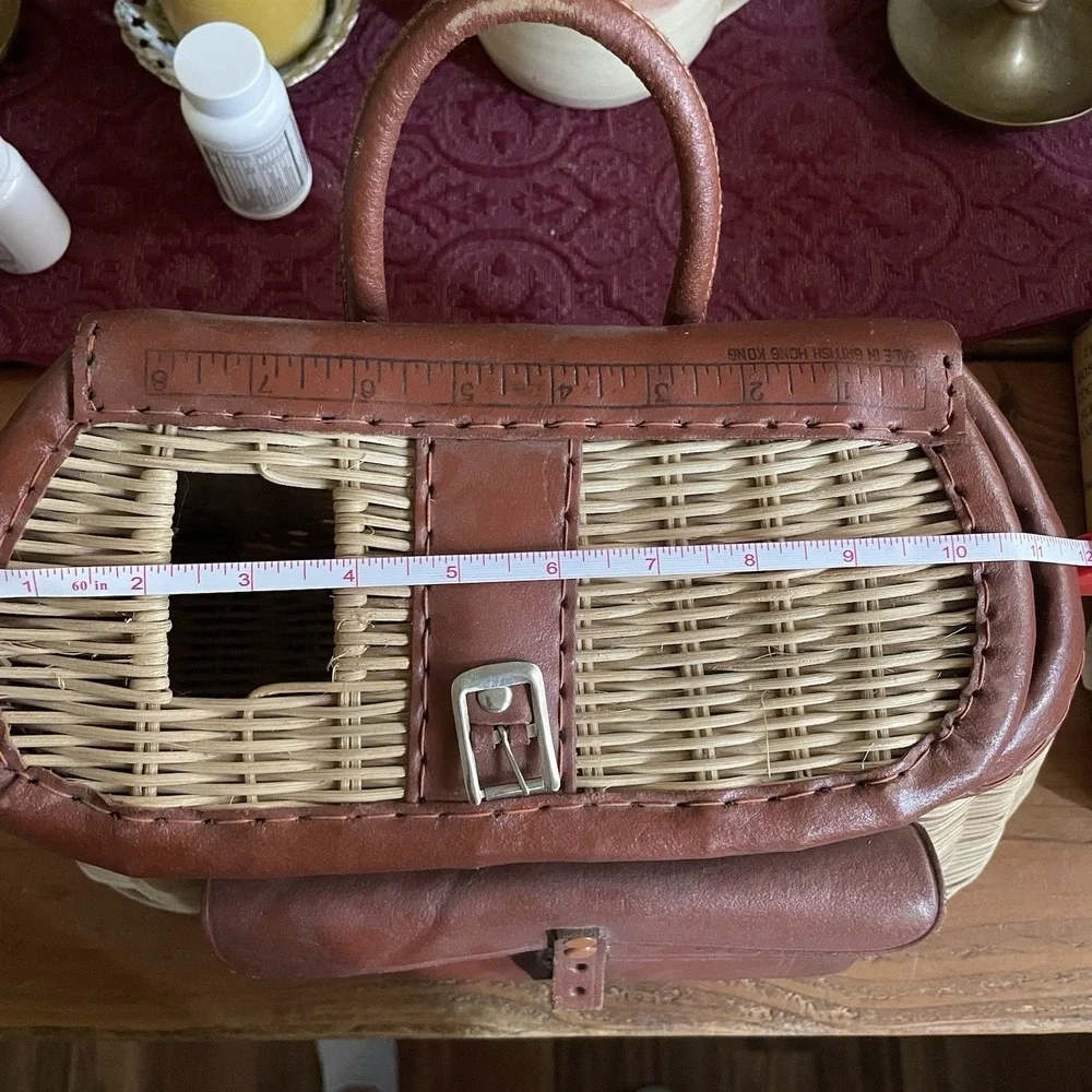 Vtg Wicker and Leather Creel Basket W/Pouch Made in British Hong Kong